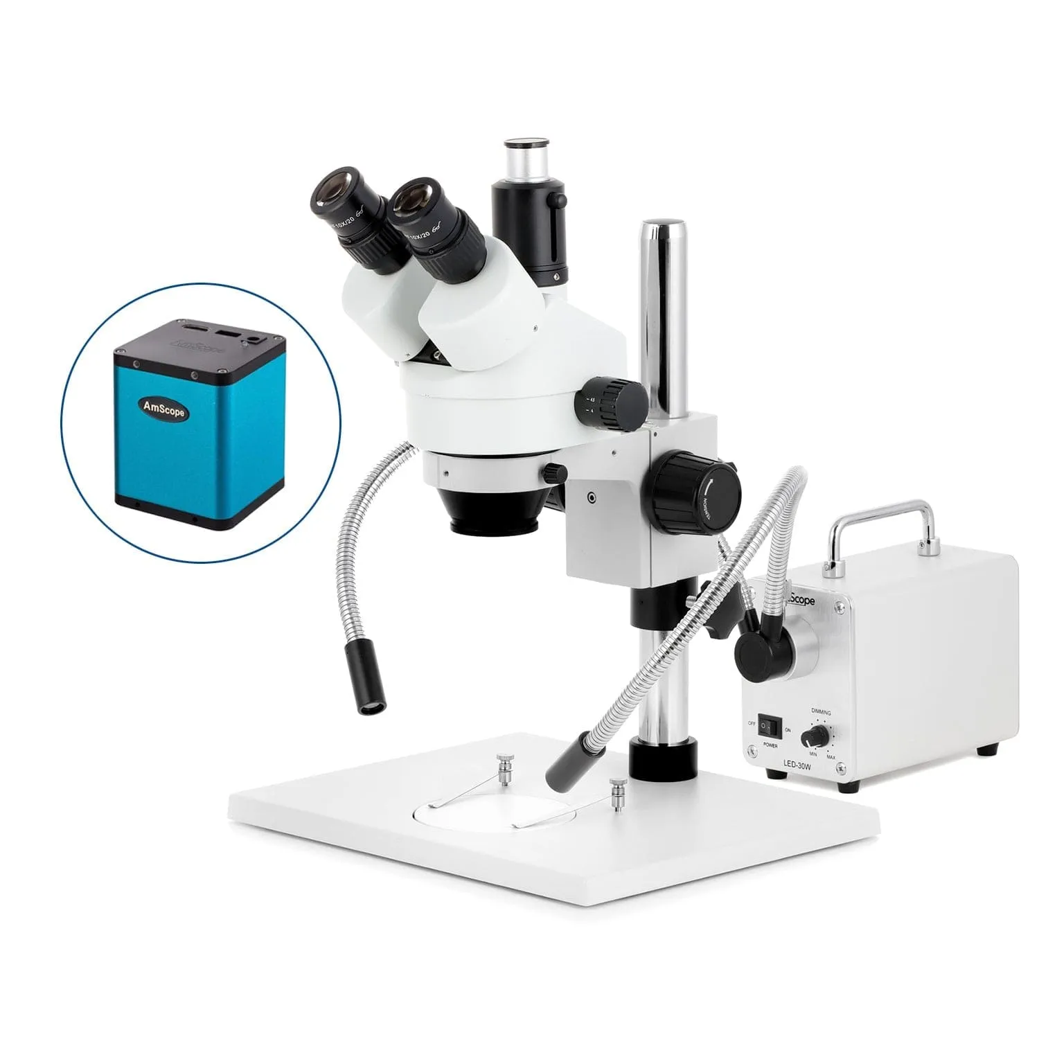 AmScope SM-1 Series Zoom Trinocular Stereo Microscope on Pillar Stand with Extra Large Base Plate w/30W LED Dual Gooseneck Fiber Optic Lights and Auto Focus Camera