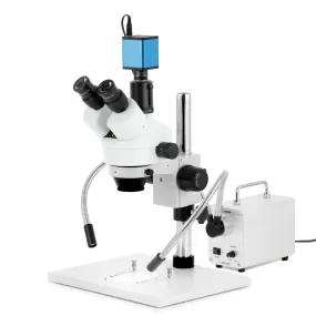AmScope SM-1 Series Zoom Trinocular Stereo Microscope on Pillar Stand with Extra Large Base Plate w/30W LED Dual Gooseneck Fiber Optic Lights and Auto Focus Camera