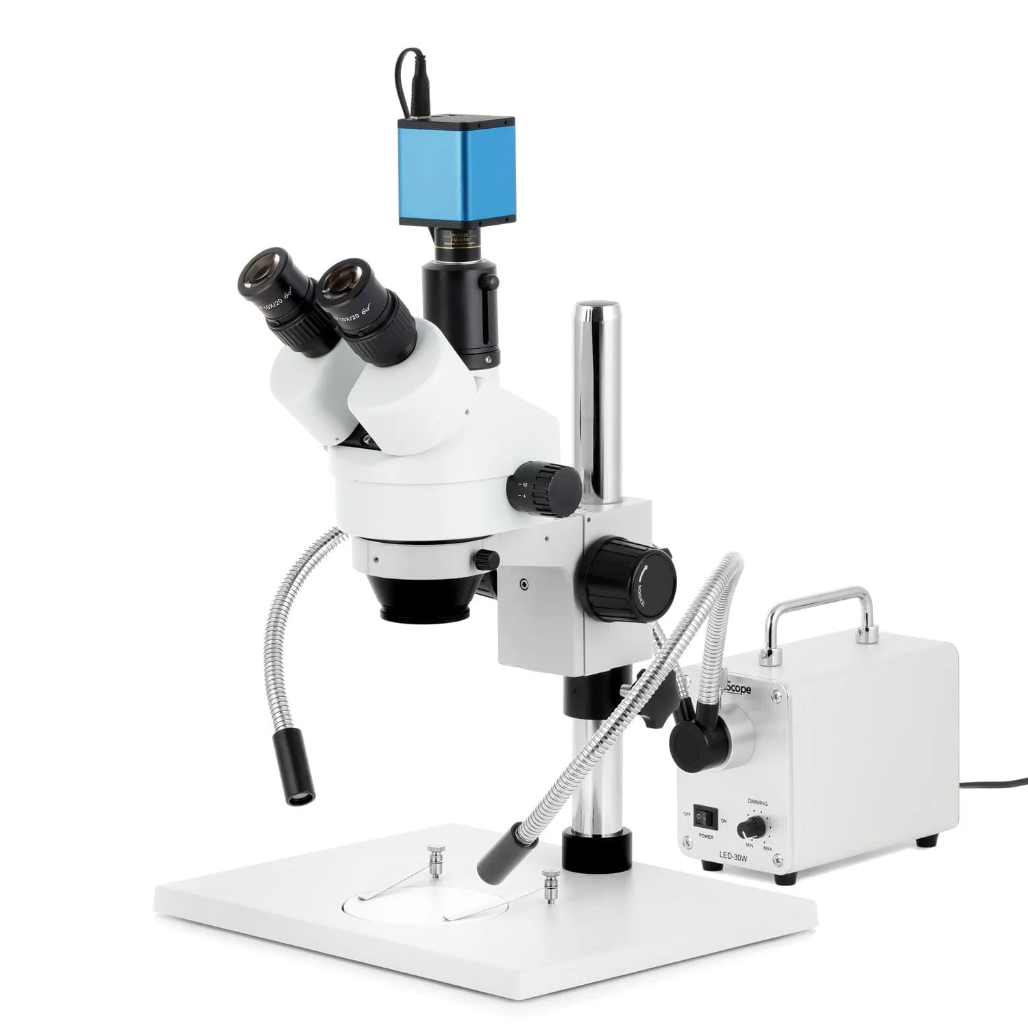 AmScope SM-1 Series Zoom Trinocular Stereo Microscope on Pillar Stand with Extra Large Base Plate w/30W LED Dual Gooseneck Fiber Optic Lights and Auto Focus Camera