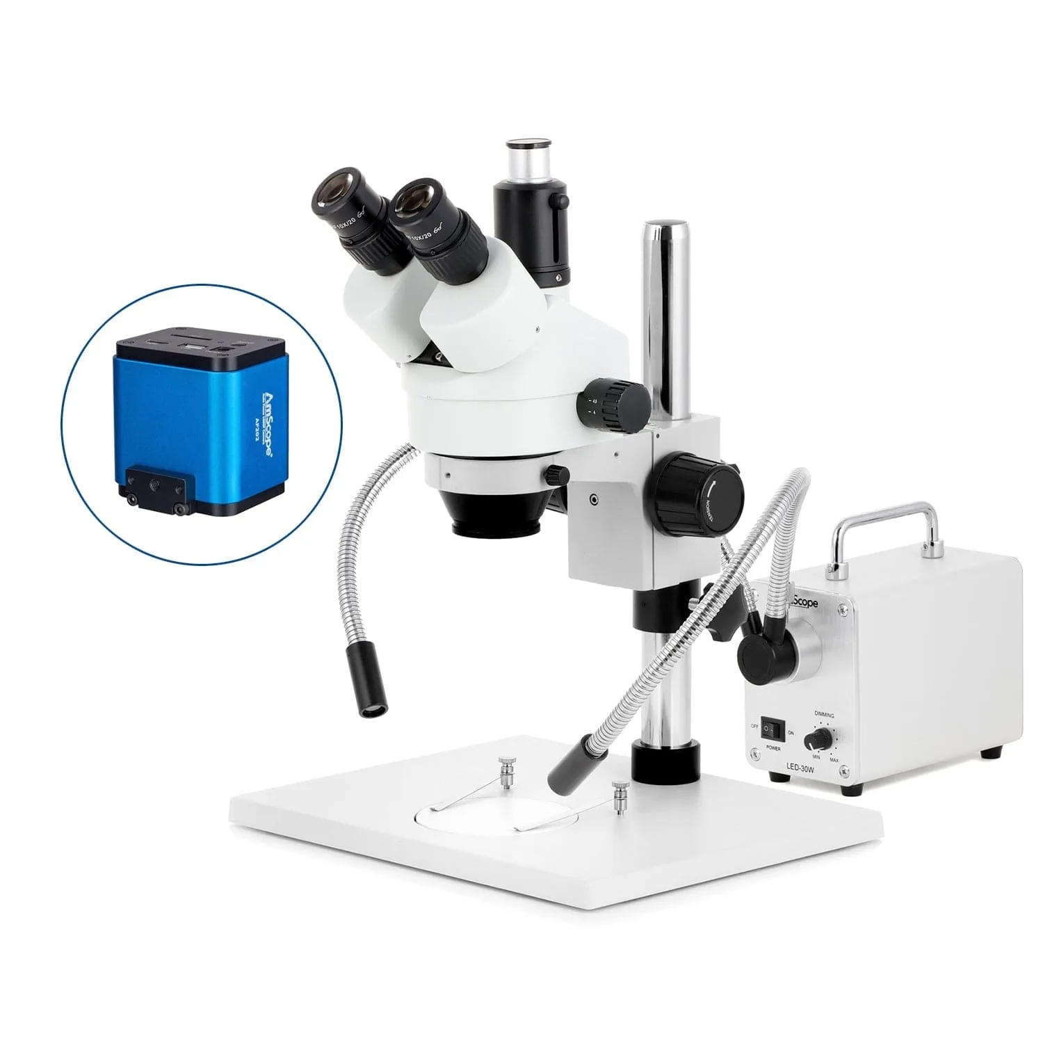 AmScope SM-1 Series Zoom Trinocular Stereo Microscope on Pillar Stand with Extra Large Base Plate w/30W LED Dual Gooseneck Fiber Optic Lights and Auto Focus Camera