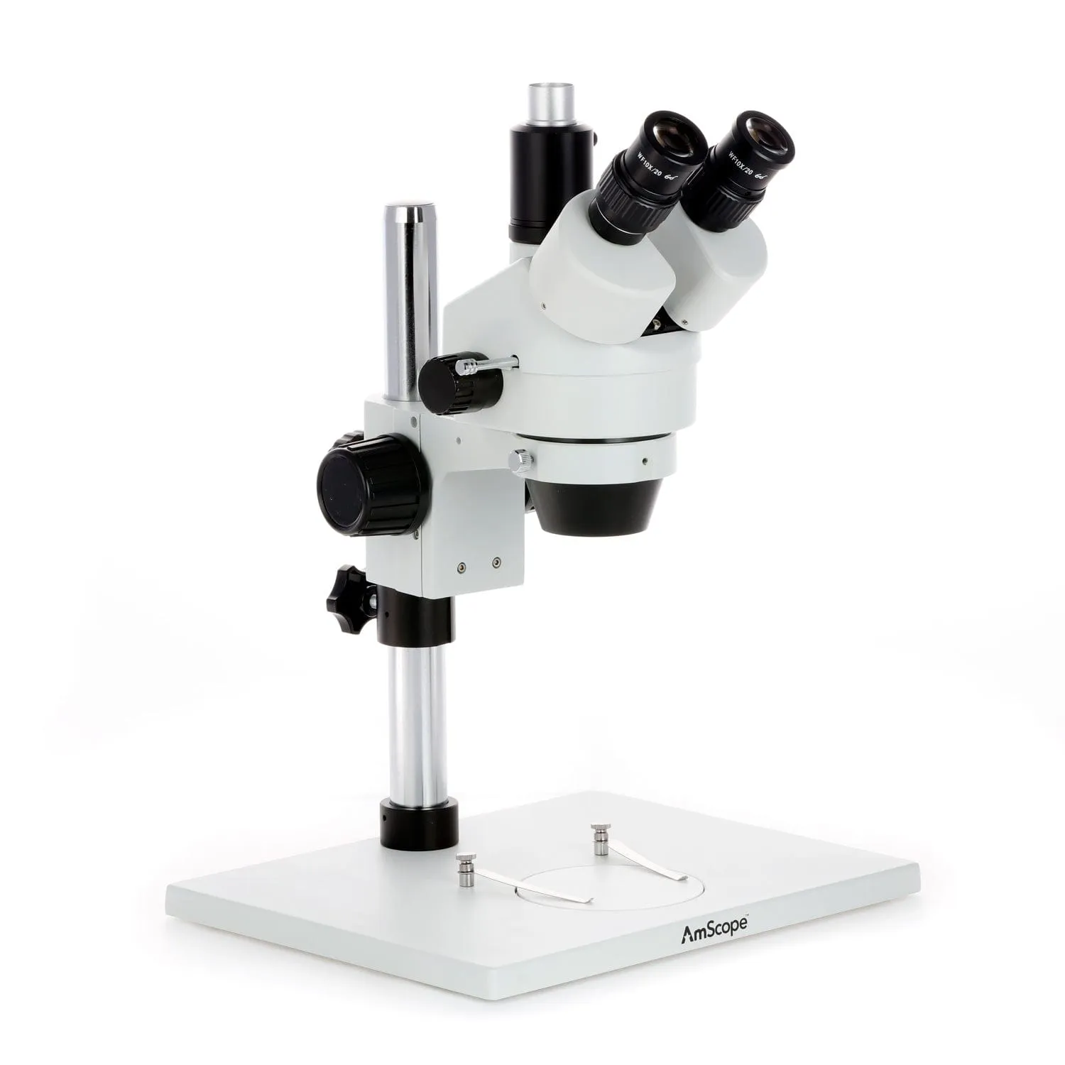 AmScope SM-1 Series Zoom Trinocular Stereo Microscope on Pillar Stand with Extra Large Base Plate w/30W LED Dual Gooseneck Fiber Optic Lights and HD Recording Camera