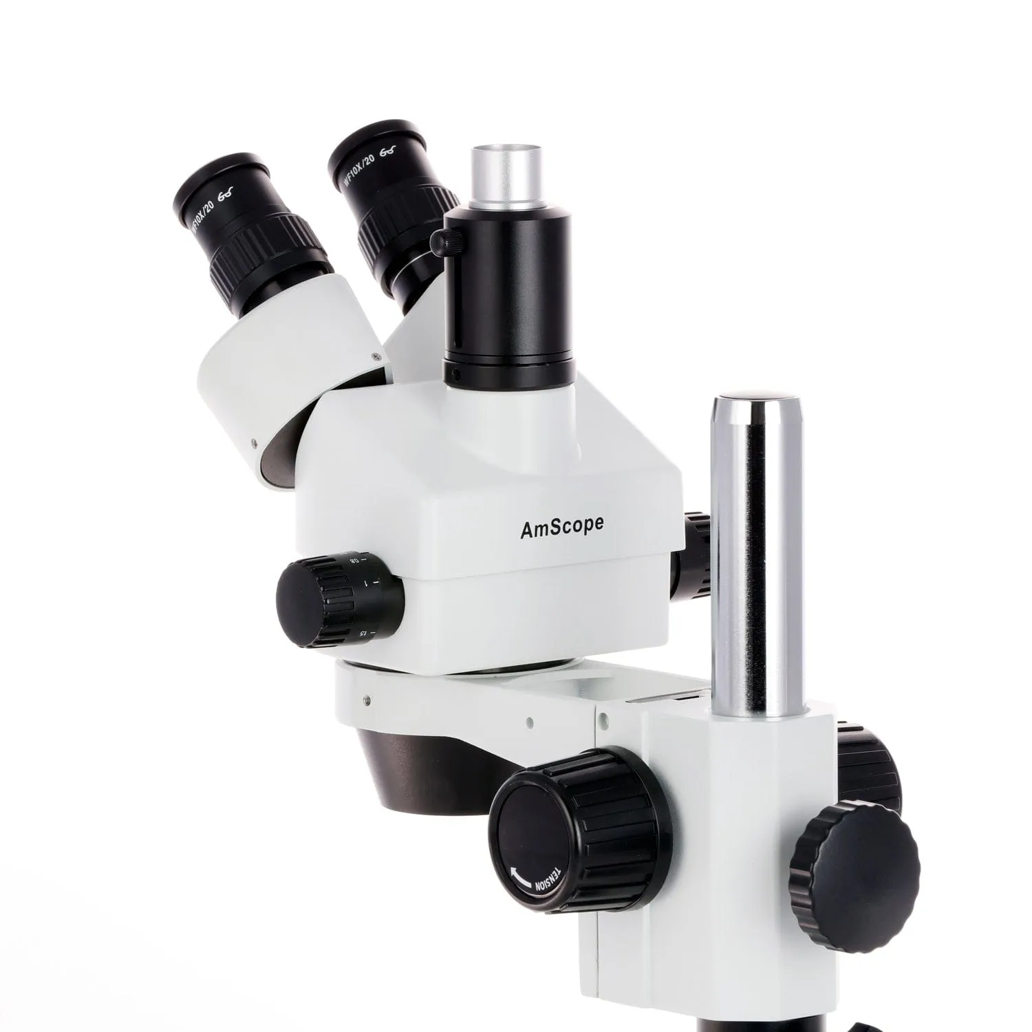 AmScope SM-1 Series Zoom Trinocular Stereo Microscope on Pillar Stand with Extra Large Base Plate w/30W LED Dual Gooseneck Fiber Optic Lights and HD Recording Camera