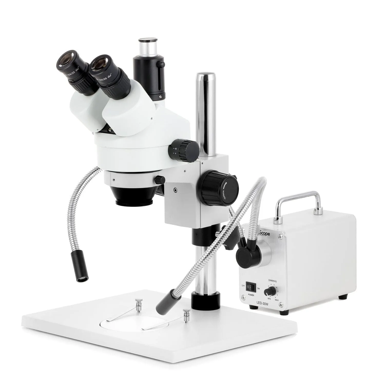 AmScope SM-1 Series Zoom Trinocular Stereo Microscope on Pillar Stand with Extra Large Base Plate w/30W LED Dual Gooseneck Fiber Optic Lights and HD Recording Camera