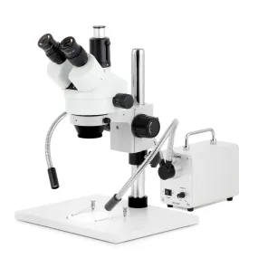 AmScope SM-1 Series Zoom Trinocular Stereo Microscope on Pillar Stand with Extra Large Base Plate w/30W LED Dual Gooseneck Fiber Optic Lights and HD Recording Camera