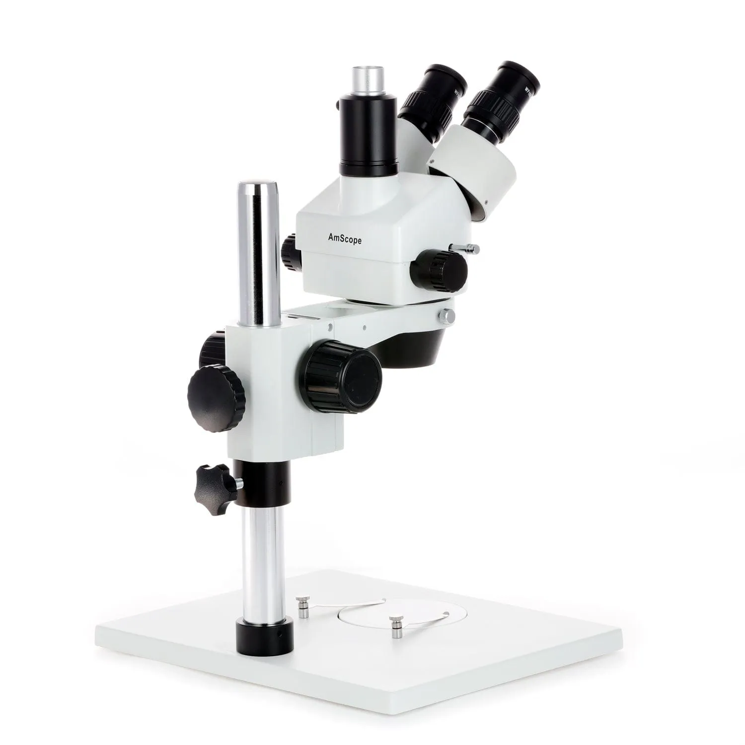 AmScope SM-1 Series Zoom Trinocular Stereo Microscope on Pillar Stand with Extra Large Base Plate w/30W LED Dual Gooseneck Fiber Optic Lights and HD Recording Camera
