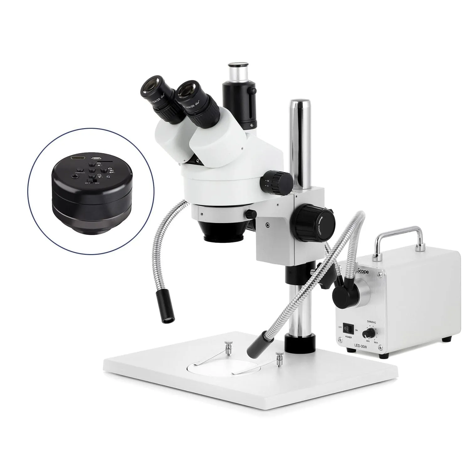 AmScope SM-1 Series Zoom Trinocular Stereo Microscope on Pillar Stand with Extra Large Base Plate w/30W LED Dual Gooseneck Fiber Optic Lights and HD Recording Camera