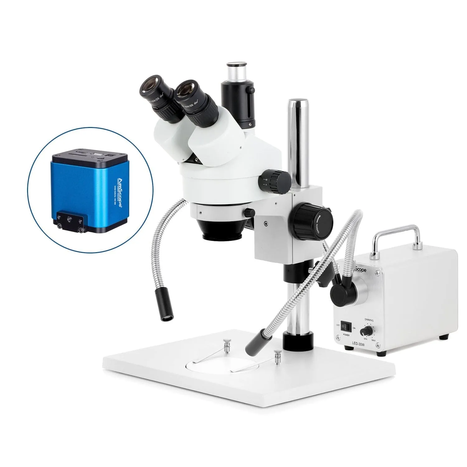 AmScope SM-1 Series Zoom Trinocular Stereo Microscope on Pillar Stand with Extra Large Base Plate w/30W LED Dual Gooseneck Fiber Optic Lights and HDMI Camera