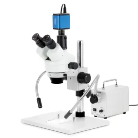 AmScope SM-1 Series Zoom Trinocular Stereo Microscope on Pillar Stand with Extra Large Base Plate w/30W LED Dual Gooseneck Fiber Optic Lights and HDMI Camera
