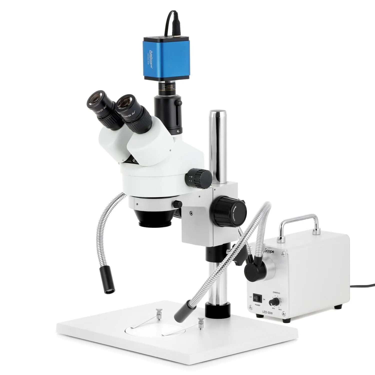AmScope SM-1 Series Zoom Trinocular Stereo Microscope on Pillar Stand with Extra Large Base Plate w/30W LED Dual Gooseneck Fiber Optic Lights and HDMI Camera