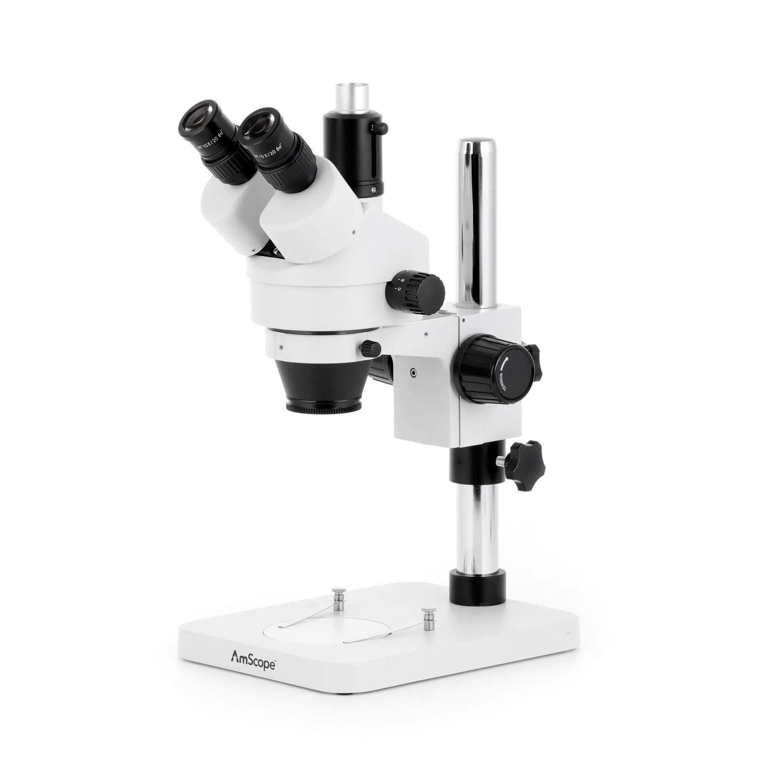 AmScope SM-1 Series Zoom Trinocular Stereo Microscope with 150W Halogen Dual Fiber Gooseneck Lights and Auto Focus Camera on Pillar Stand