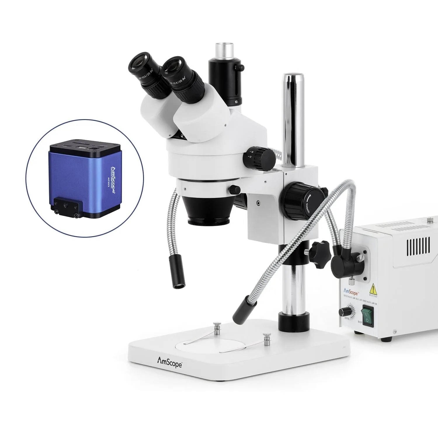 AmScope SM-1 Series Zoom Trinocular Stereo Microscope with 150W Halogen Dual Fiber Gooseneck Lights and Auto Focus Camera on Pillar Stand