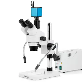 AmScope SM-1 Series Zoom Trinocular Stereo Microscope with 150W Halogen Dual Fiber Gooseneck Lights and Auto Focus Camera on Pillar Stand