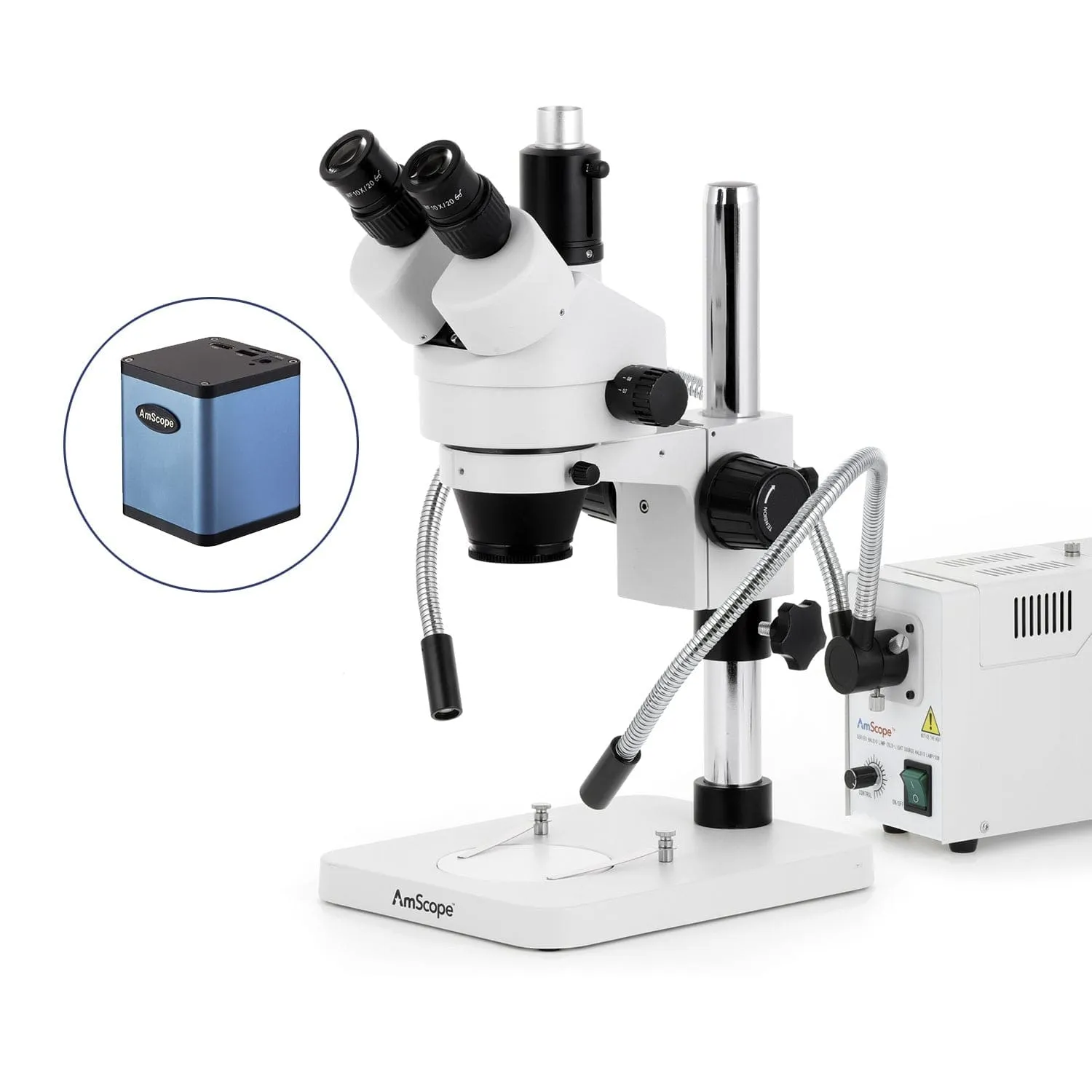 AmScope SM-1 Series Zoom Trinocular Stereo Microscope with 150W Halogen Dual Fiber Gooseneck Lights and Auto Focus Camera on Pillar Stand