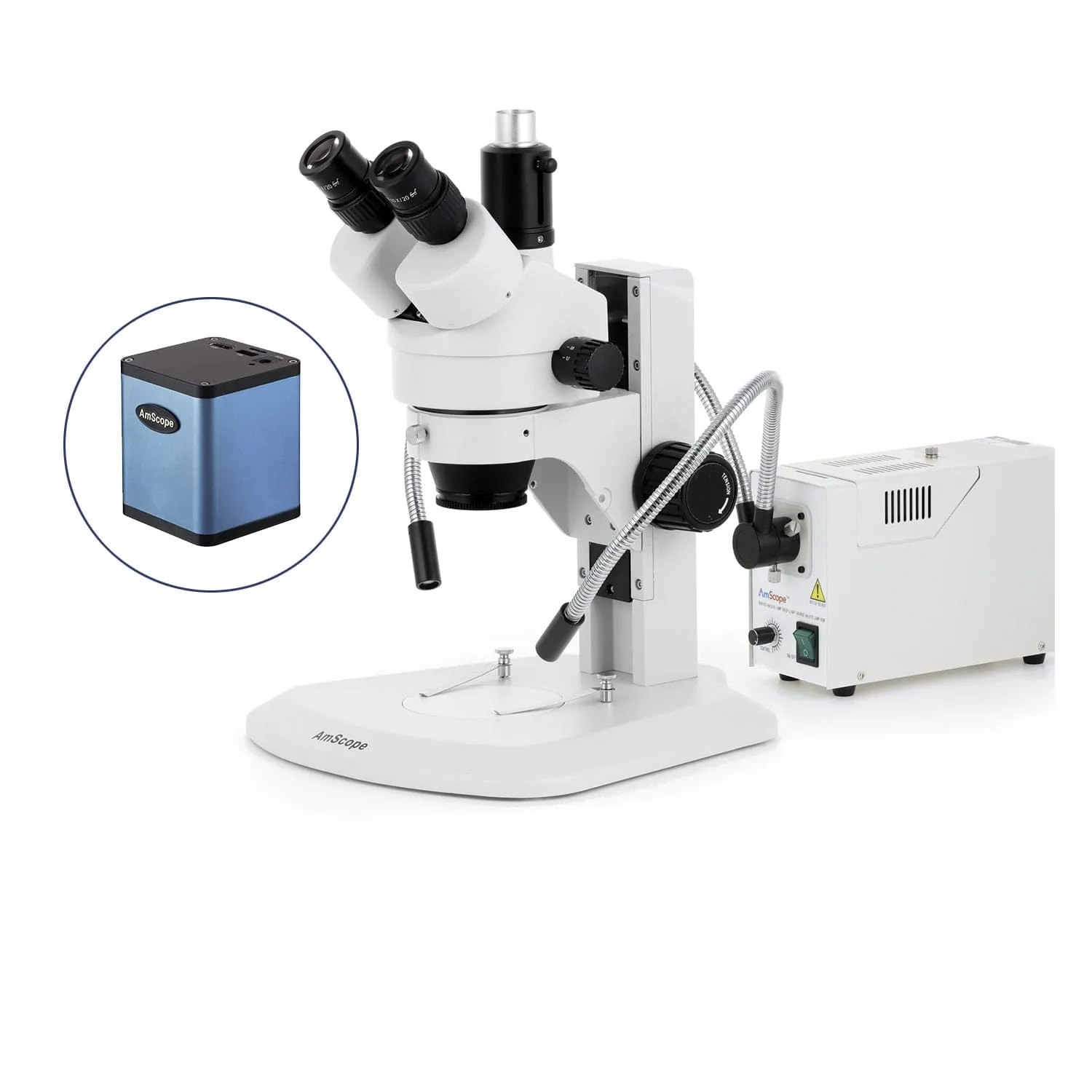 AmScope SM-1 Series Zoom Trinocular Stereo Microscope with 150W Halogen Dual Fiber Gooseneck Lights and Auto Focus Camera on Track Stand