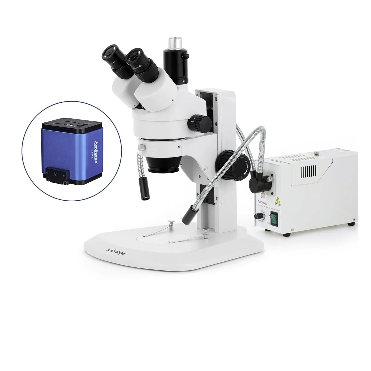 AmScope SM-1 Series Zoom Trinocular Stereo Microscope with 150W Halogen Dual Fiber Gooseneck Lights and Auto Focus Camera on Track Stand
