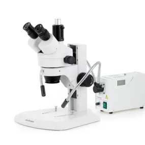 AmScope SM-1 Series Zoom Trinocular Stereo Microscope with 150W Halogen Dual Fiber Gooseneck Lights and Auto Focus Camera on Track Stand