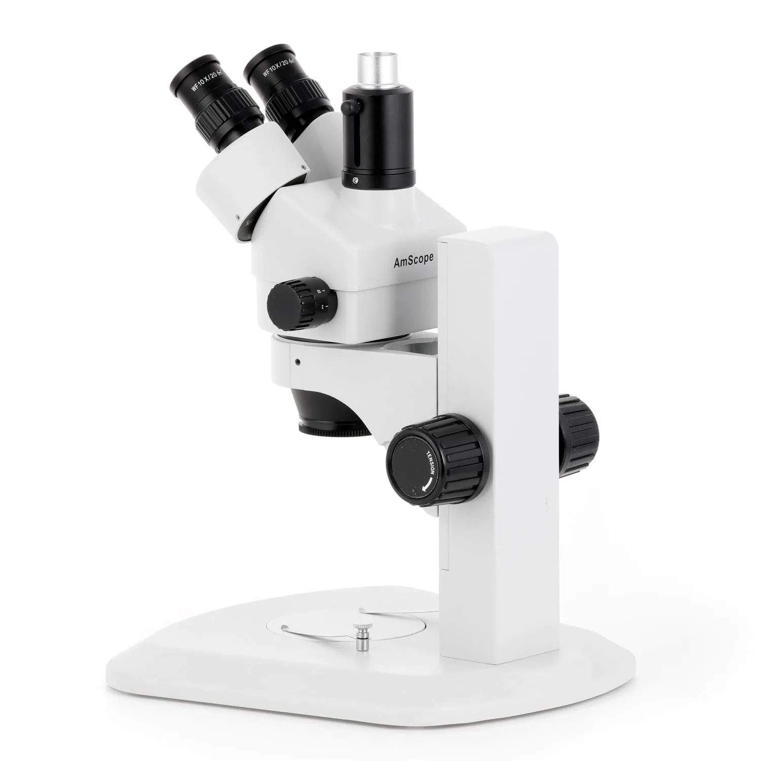 AmScope SM-1 Series Zoom Trinocular Stereo Microscope with 150W Halogen Dual Fiber Gooseneck Lights and Auto Focus Camera on Track Stand