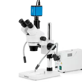 AmScope SM-1 Series Zoom Trinocular Stereo Microscope with 150W Halogen Dual Fiber Gooseneck Lights and HDMI Camera on Pillar Stand