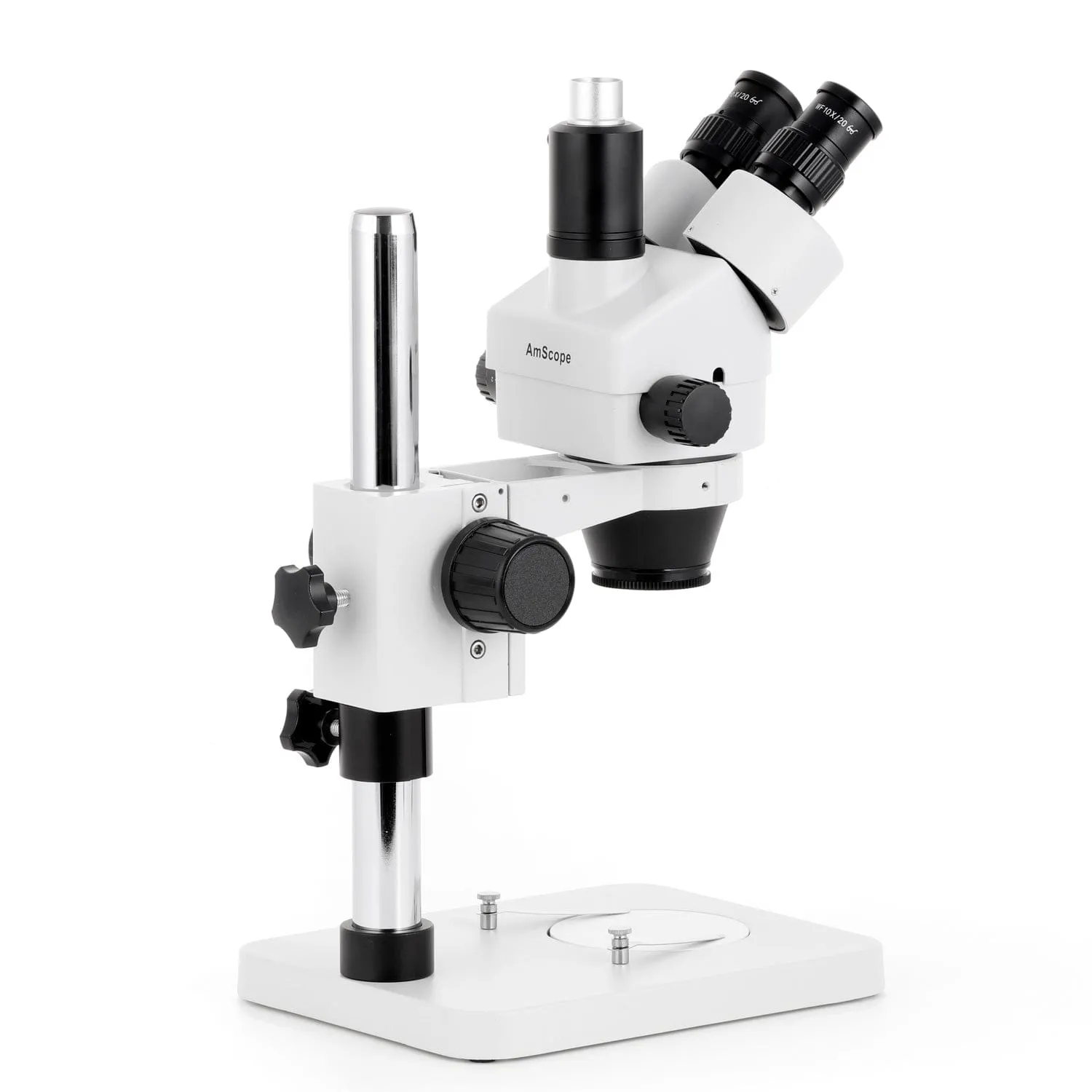 AmScope SM-1 Series Zoom Trinocular Stereo Microscope with 150W Halogen Dual Fiber Gooseneck Lights and HDMI Camera on Pillar Stand