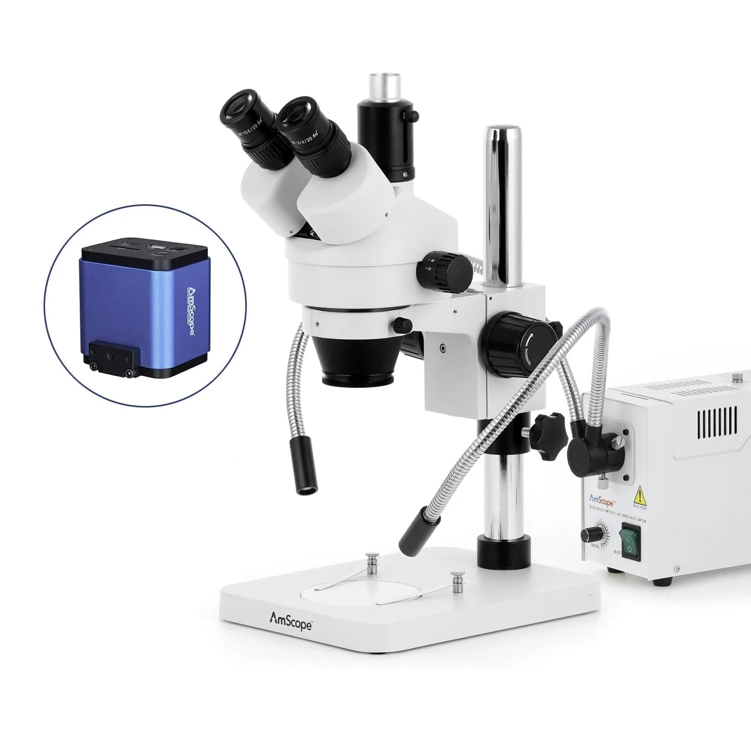 AmScope SM-1 Series Zoom Trinocular Stereo Microscope with 150W Halogen Dual Fiber Gooseneck Lights and HDMI Camera on Pillar Stand