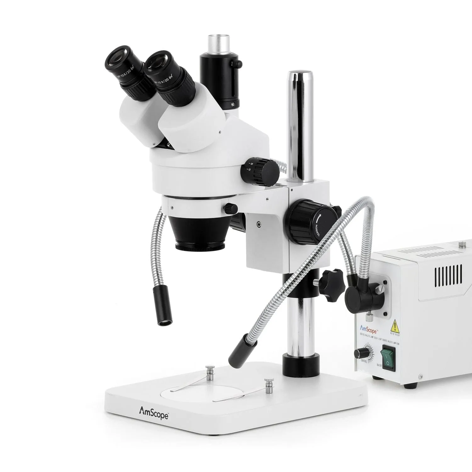 AmScope SM-1 Series Zoom Trinocular Stereo Microscope with 150W Halogen Dual Fiber Gooseneck Lights and HDMI Camera on Pillar Stand