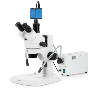AmScope SM-1 Series Zoom Trinocular Stereo Microscope with 150W Halogen Dual Fiber Gooseneck Lights and HDMI Camera on Track Stand