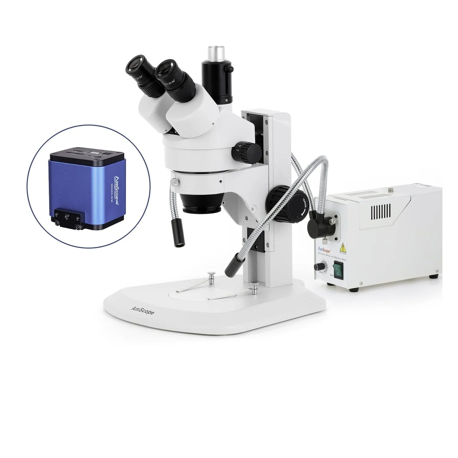 AmScope SM-1 Series Zoom Trinocular Stereo Microscope with 150W Halogen Dual Fiber Gooseneck Lights and HDMI Camera on Track Stand