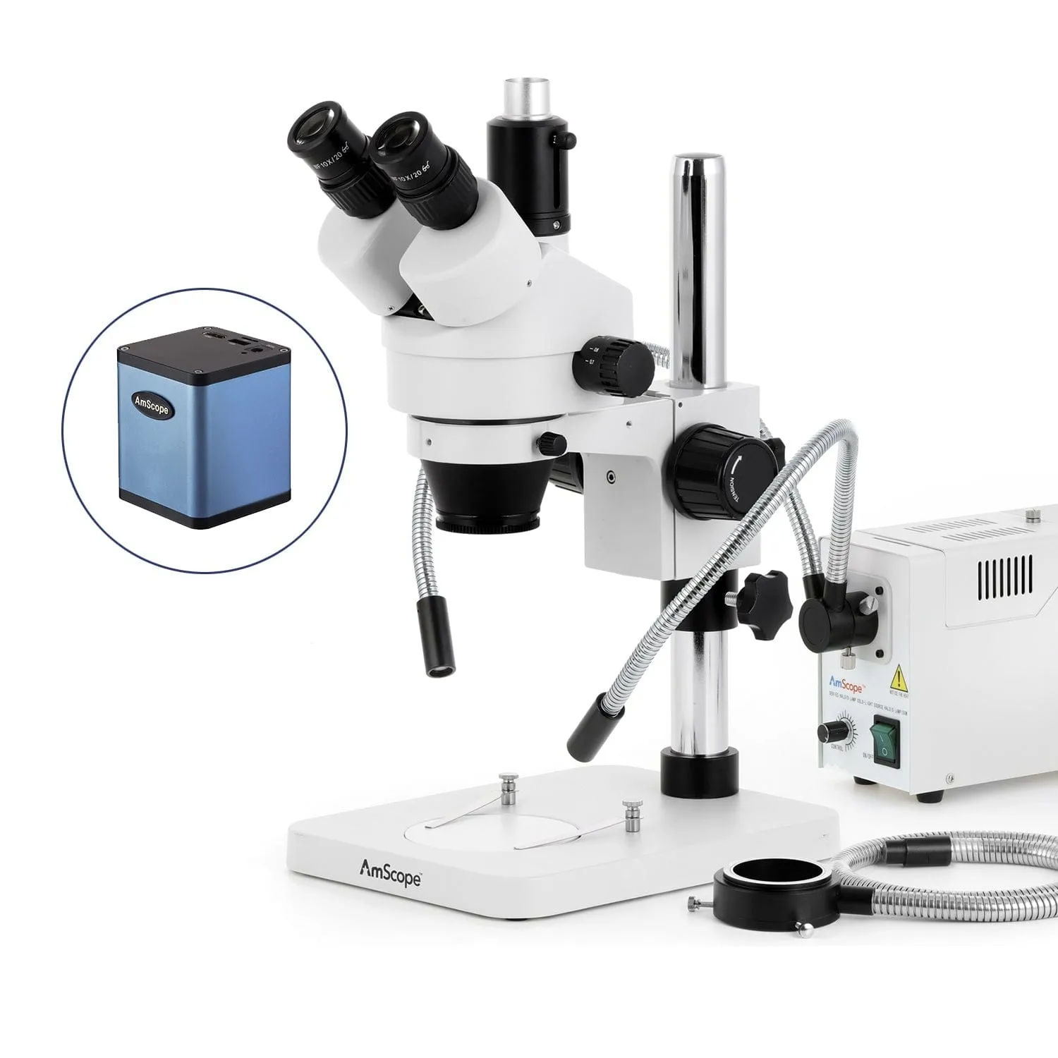 AmScope SM-1 Series Zoom Trinocular Stereo Microscope with 150W Halogen Dual Gooseneck & Ring Lights and Auto Focus Camera on Pillar Stand