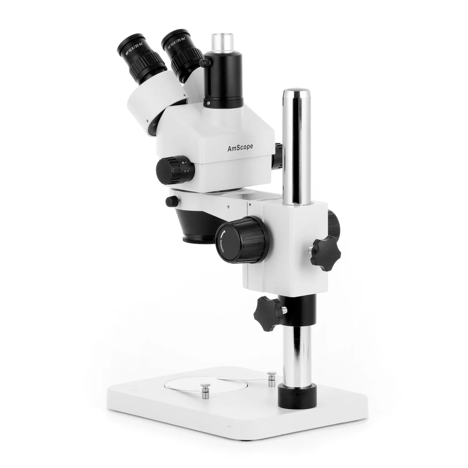 AmScope SM-1 Series Zoom Trinocular Stereo Microscope with 150W Halogen Dual Gooseneck & Ring Lights and Auto Focus Camera on Pillar Stand