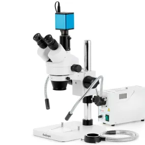 AmScope SM-1 Series Zoom Trinocular Stereo Microscope with 150W Halogen Dual Gooseneck & Ring Lights and Auto Focus Camera on Pillar Stand