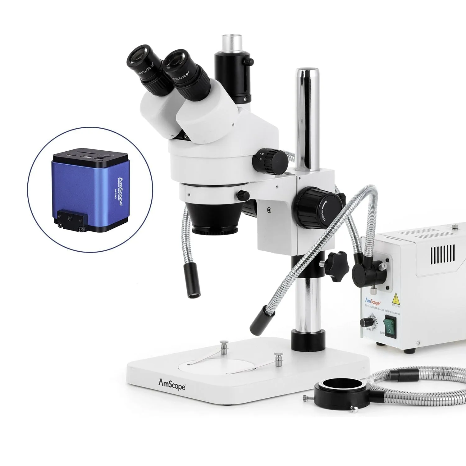 AmScope SM-1 Series Zoom Trinocular Stereo Microscope with 150W Halogen Dual Gooseneck & Ring Lights and Auto Focus Camera on Pillar Stand