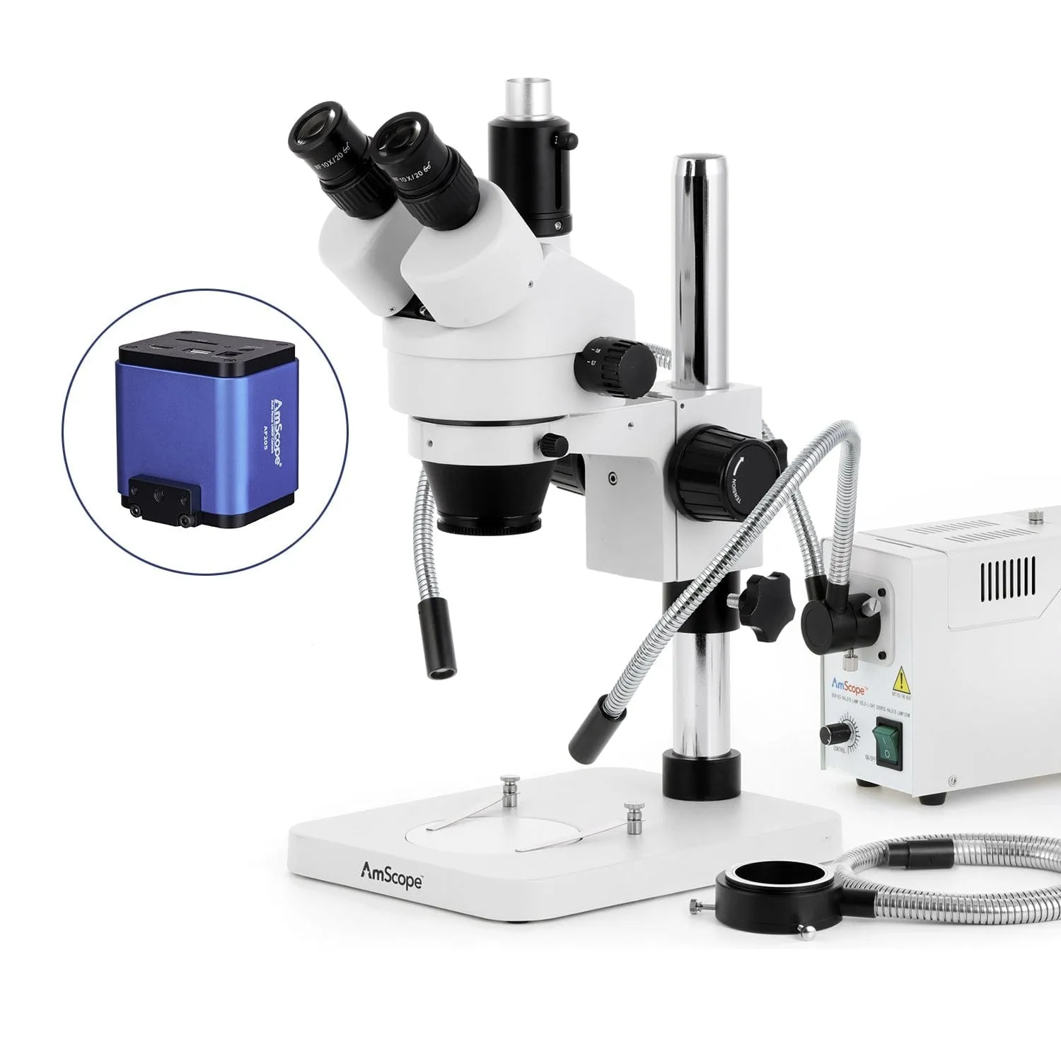 AmScope SM-1 Series Zoom Trinocular Stereo Microscope with 150W Halogen Dual Gooseneck & Ring Lights and Auto Focus Camera on Pillar Stand