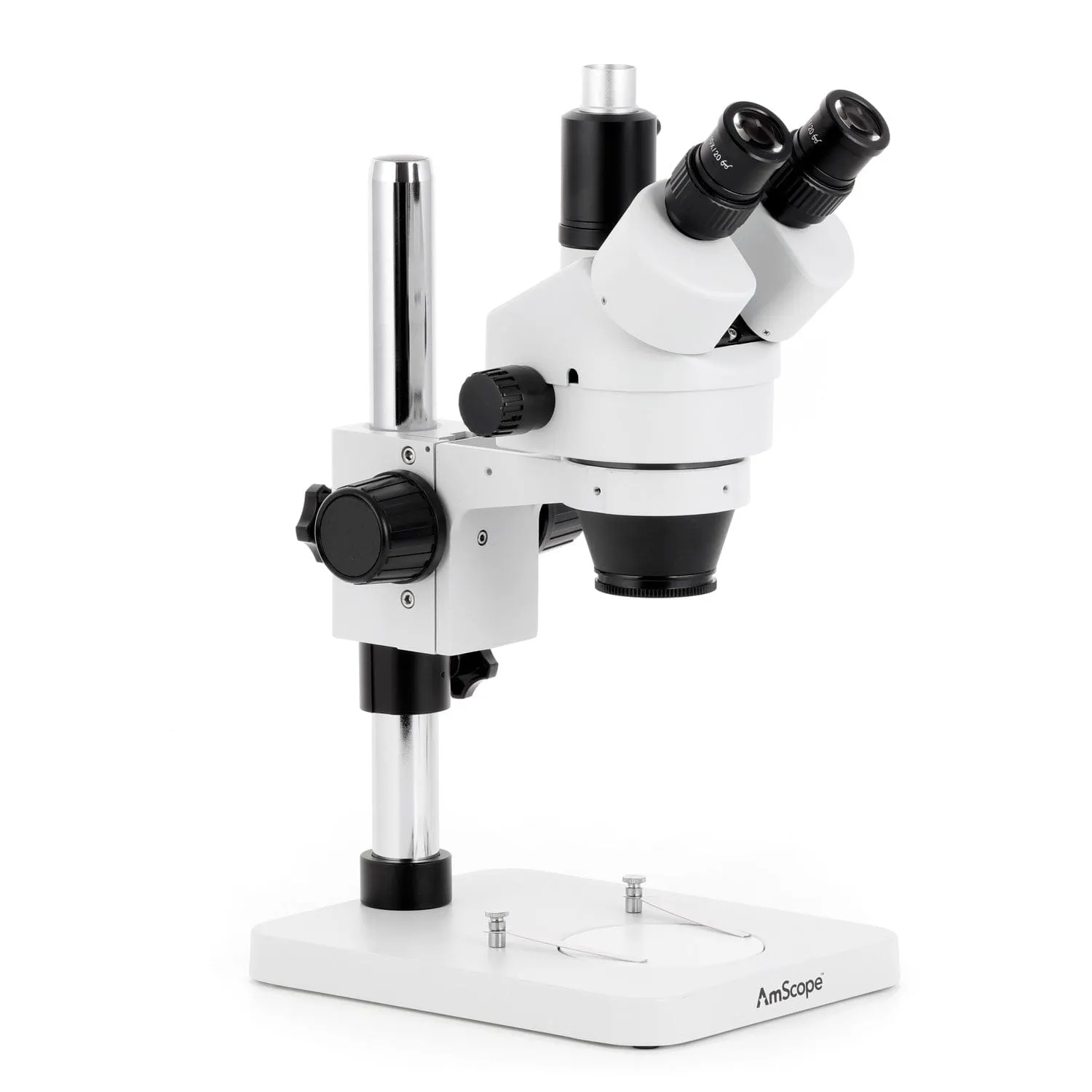AmScope SM-1 Series Zoom Trinocular Stereo Microscope with 150W Halogen Dual Gooseneck & Ring Lights and Auto Focus Camera on Pillar Stand