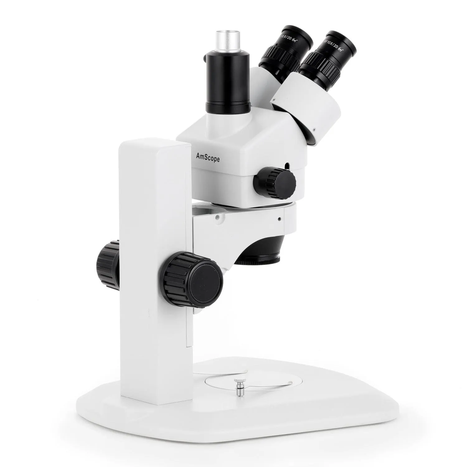 AmScope SM-1 Series Zoom Trinocular Stereo Microscope with 150W Halogen Dual Gooseneck & Ring Lights and Auto Focus Camera on Track Stand