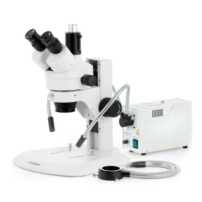 AmScope SM-1 Series Zoom Trinocular Stereo Microscope with 150W Halogen Dual Gooseneck & Ring Lights and Auto Focus Camera on Track Stand