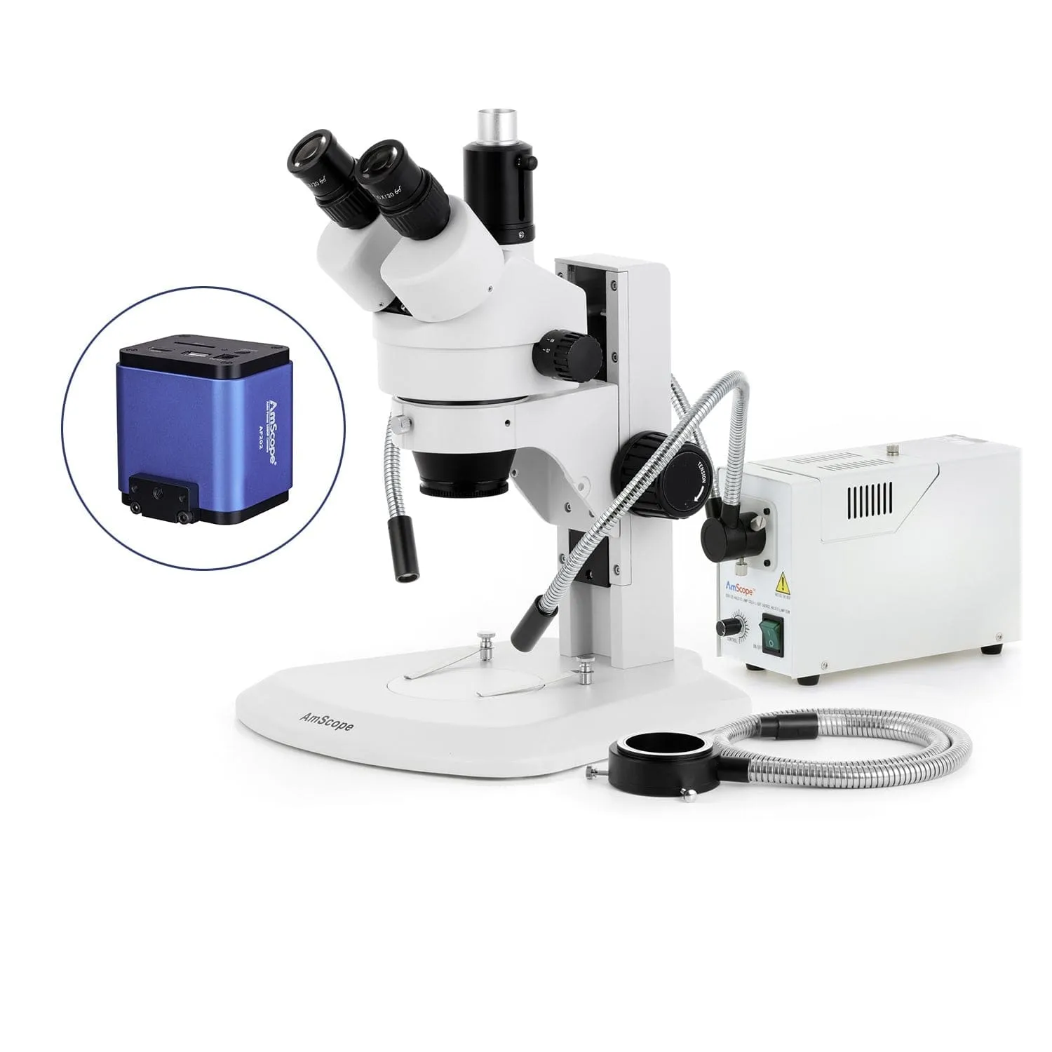 AmScope SM-1 Series Zoom Trinocular Stereo Microscope with 150W Halogen Dual Gooseneck & Ring Lights and Auto Focus Camera on Track Stand