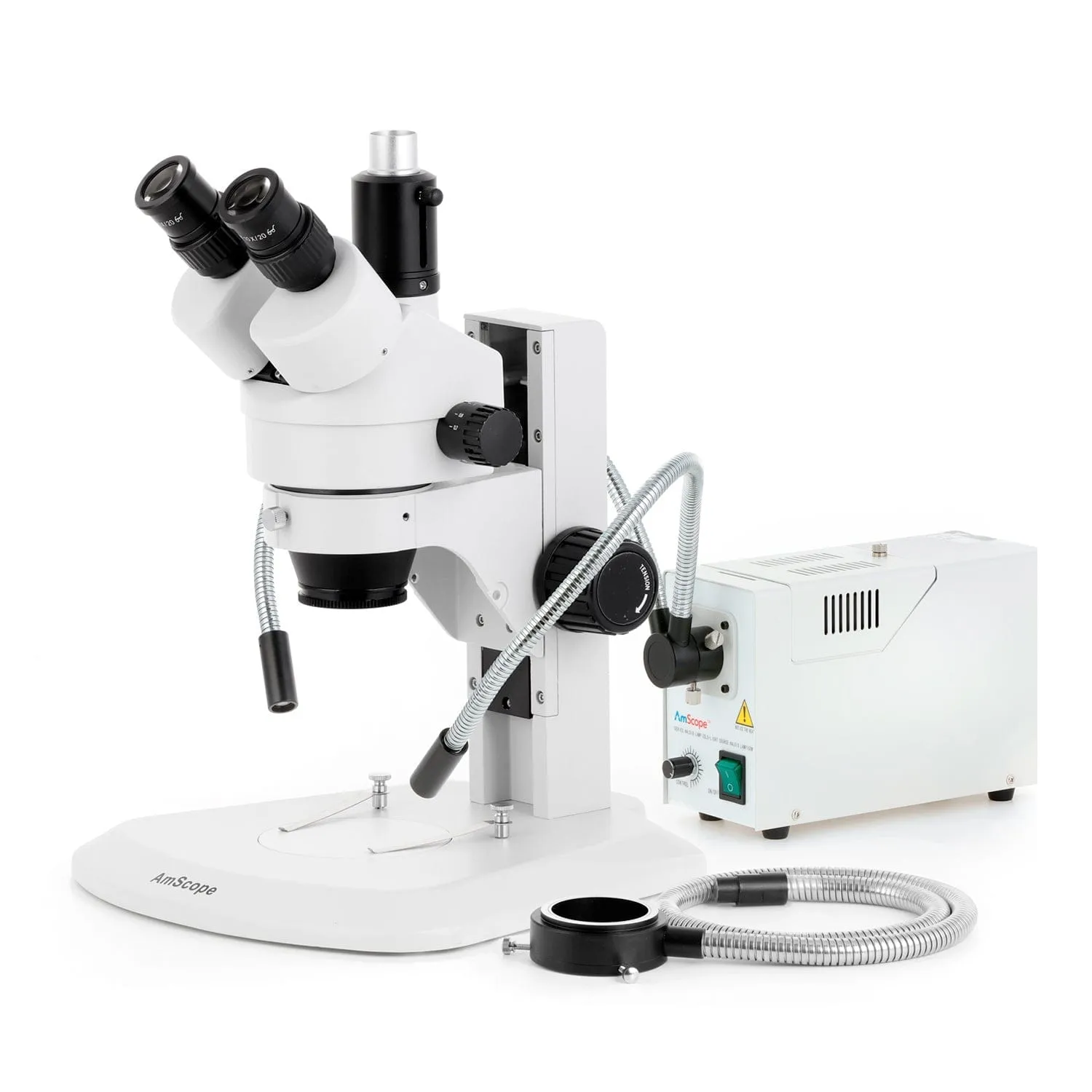AmScope SM-1 Series Zoom Trinocular Stereo Microscope with 150W Halogen Dual Gooseneck & Ring Lights and Auto Focus Camera on Track Stand