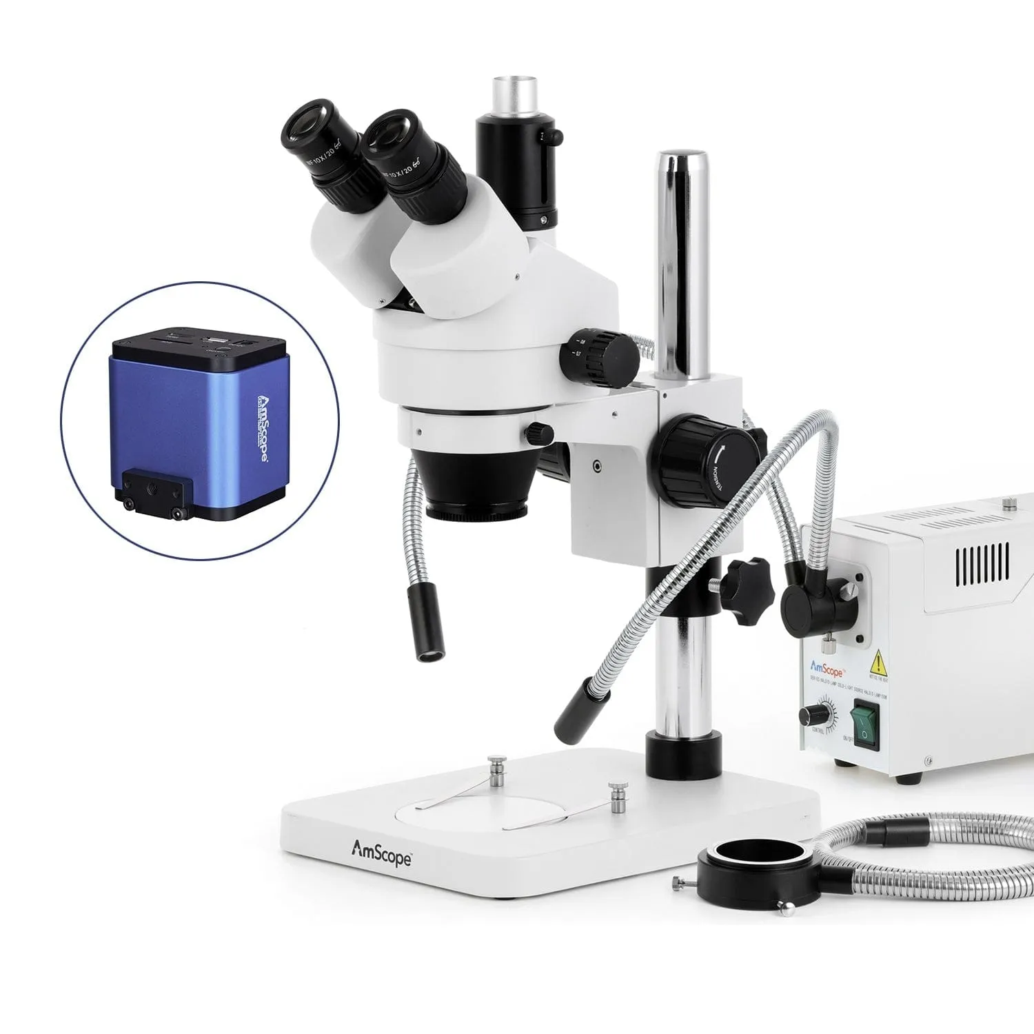 AmScope SM-1 Series Zoom Trinocular Stereo Microscope with 150W Halogen Dual Gooseneck & Ring Lights and HDMI Camera on Pillar Stand