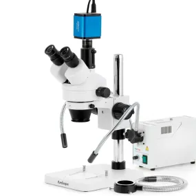 AmScope SM-1 Series Zoom Trinocular Stereo Microscope with 150W Halogen Dual Gooseneck & Ring Lights and HDMI Camera on Pillar Stand