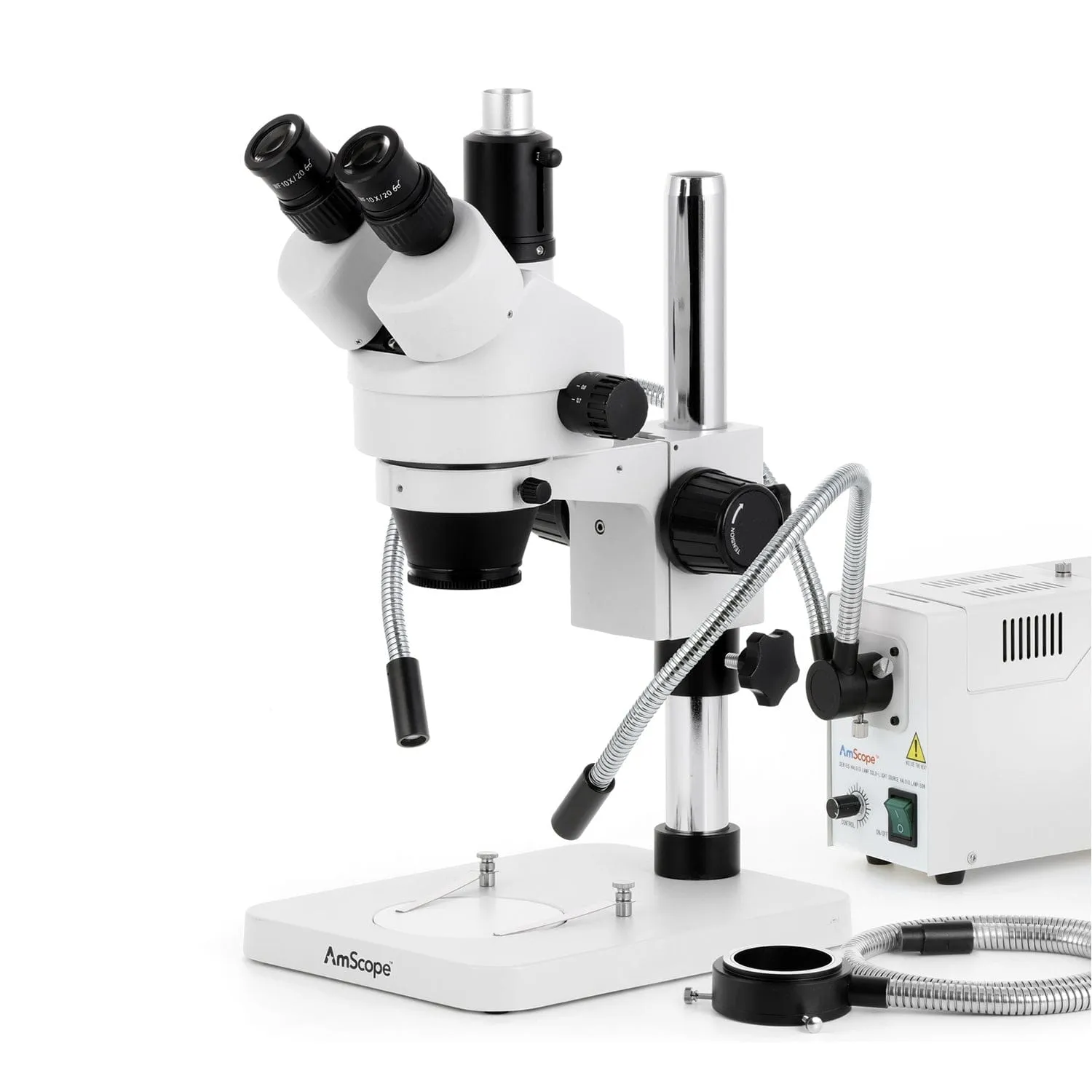 AmScope SM-1 Series Zoom Trinocular Stereo Microscope with 150W Halogen Dual Gooseneck & Ring Lights and HDMI Camera on Pillar Stand