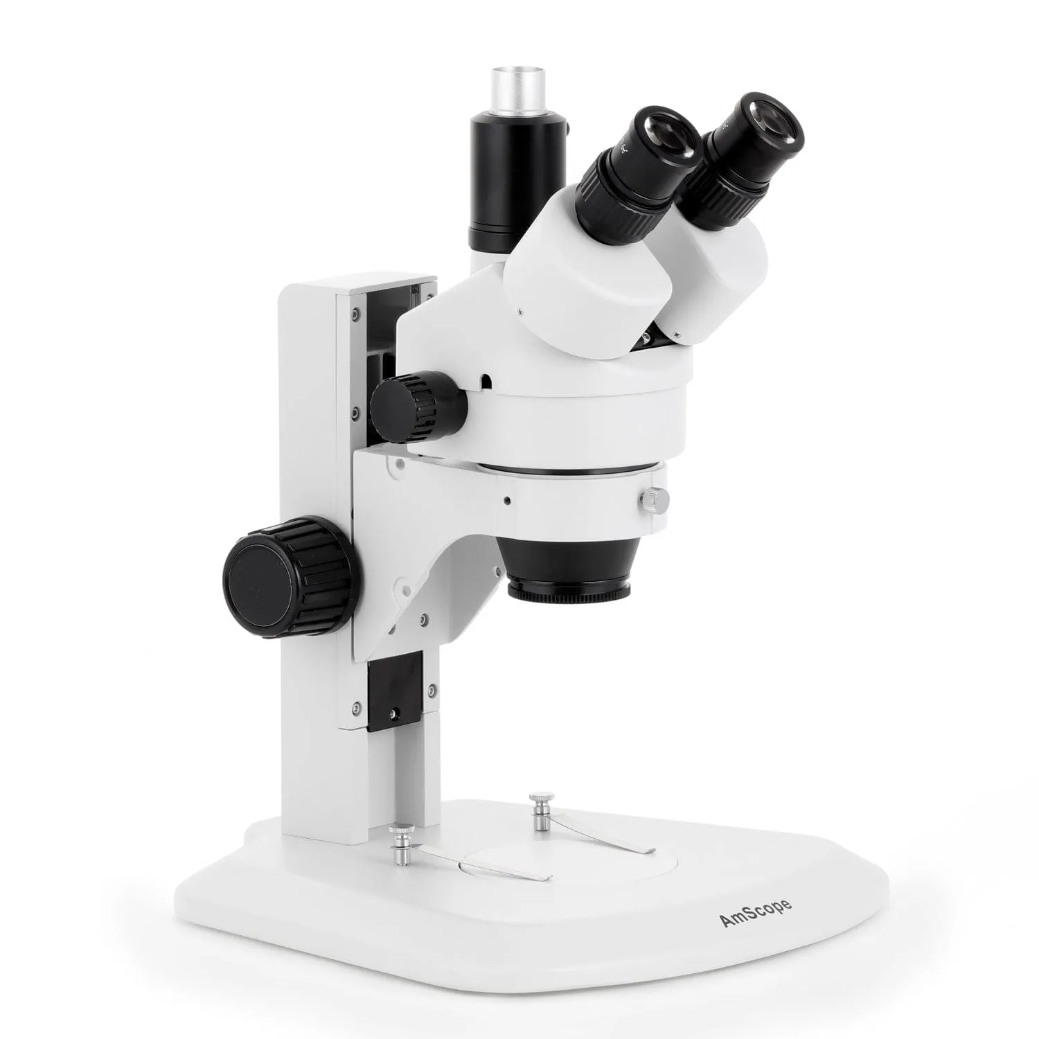 AmScope SM-1 Series Zoom Trinocular Stereo Microscope with 150W Halogen Dual Gooseneck & Ring Lights and HDMI Camera on Track Stand