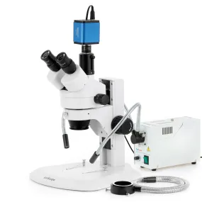 AmScope SM-1 Series Zoom Trinocular Stereo Microscope with 150W Halogen Dual Gooseneck & Ring Lights and HDMI Camera on Track Stand