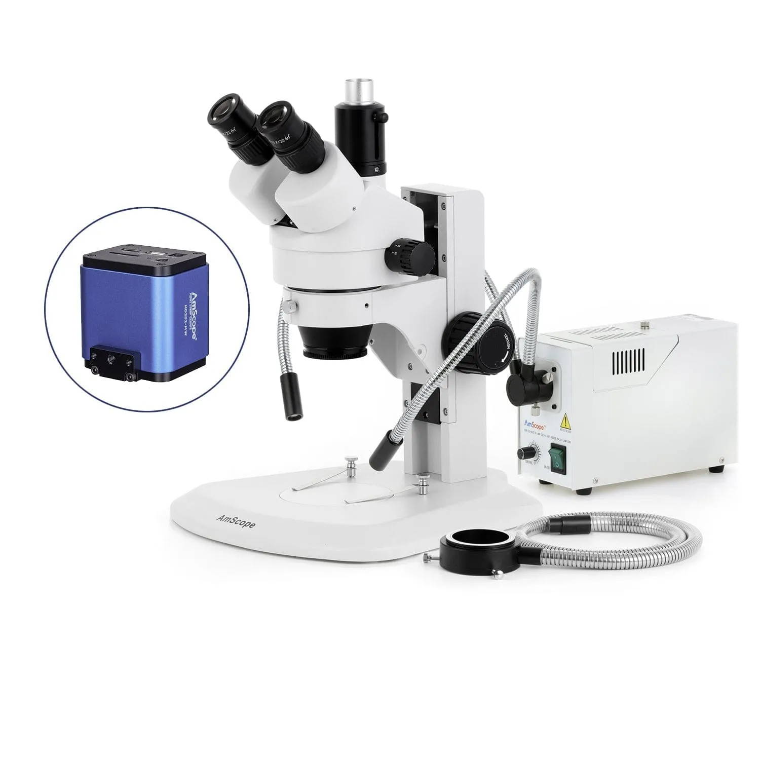 AmScope SM-1 Series Zoom Trinocular Stereo Microscope with 150W Halogen Dual Gooseneck & Ring Lights and HDMI Camera on Track Stand