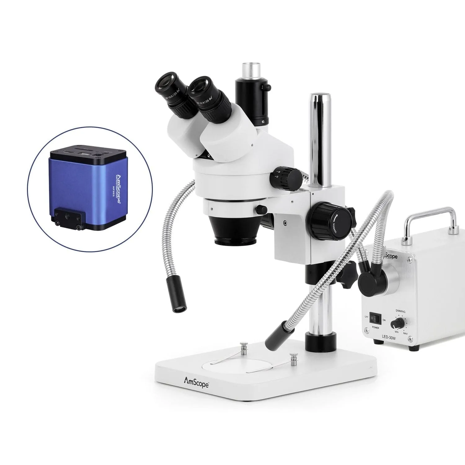AmScope SM-1 Series Zoom Trinocular Stereo Microscope with 30W LED Dual Gooseneck Fiber Optic Lights and Auto Focus Camera on Pillar Stand