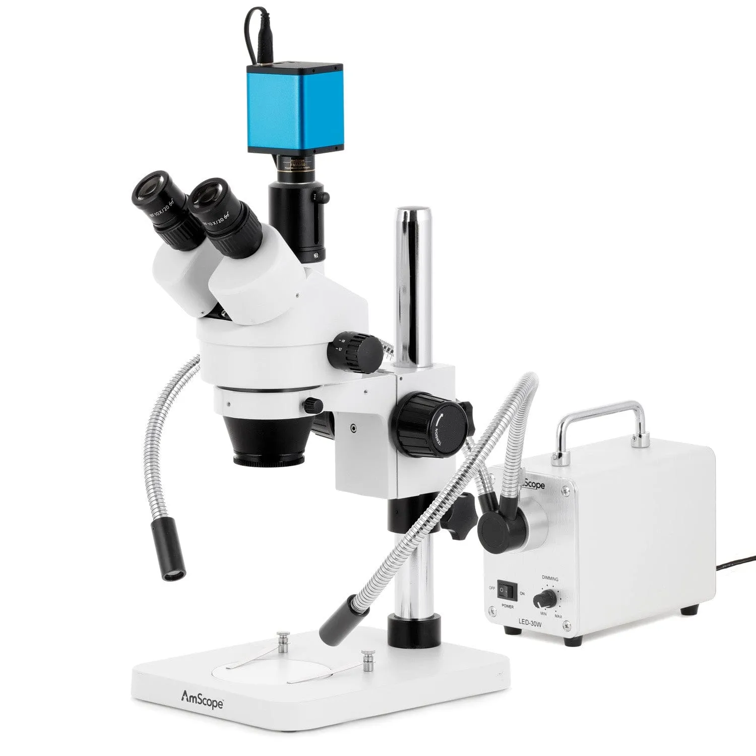 AmScope SM-1 Series Zoom Trinocular Stereo Microscope with 30W LED Dual Gooseneck Fiber Optic Lights and Auto Focus Camera on Pillar Stand