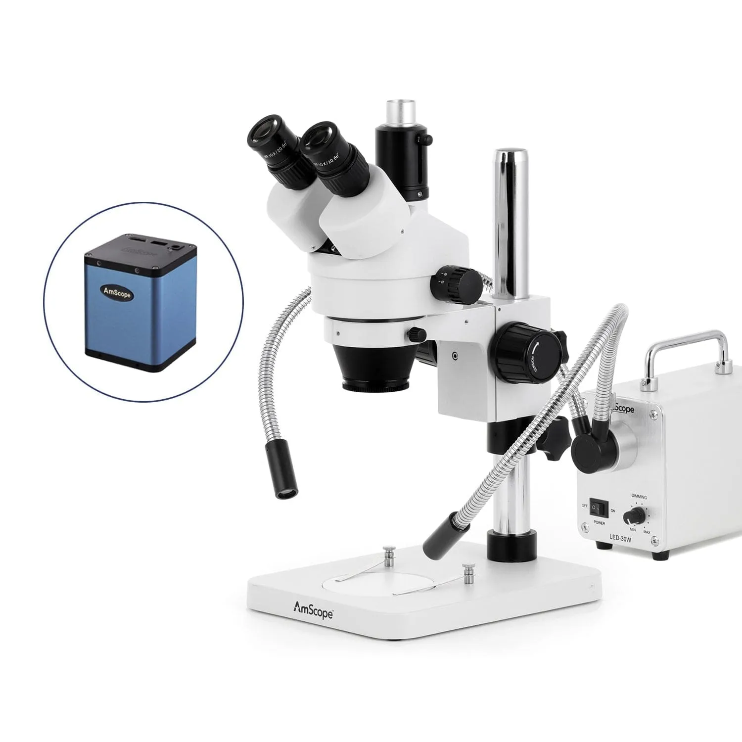 AmScope SM-1 Series Zoom Trinocular Stereo Microscope with 30W LED Dual Gooseneck Fiber Optic Lights and Auto Focus Camera on Pillar Stand