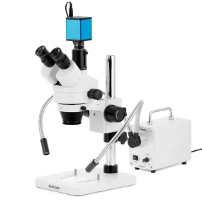 AmScope SM-1 Series Zoom Trinocular Stereo Microscope with 30W LED Dual Gooseneck Fiber Optic Lights and Auto Focus Camera on Pillar Stand