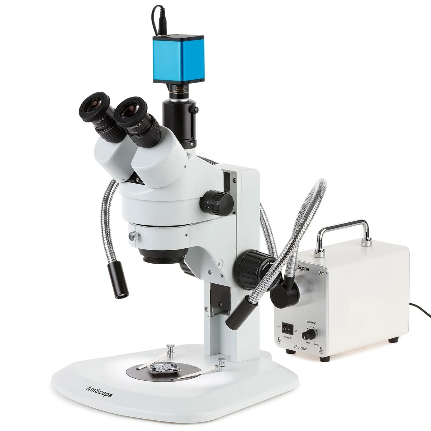 AmScope SM-1 Series Zoom Trinocular Stereo Microscope with 30W LED Dual Gooseneck Fiber Optic Lights and Auto Focus Camera on Track Stand