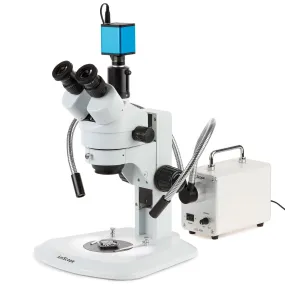 AmScope SM-1 Series Zoom Trinocular Stereo Microscope with 30W LED Dual Gooseneck Fiber Optic Lights and Auto Focus Camera on Track Stand