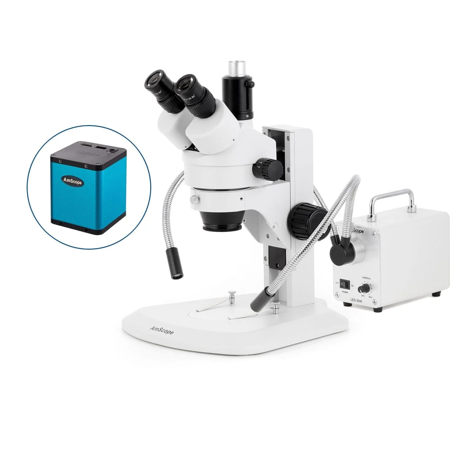 AmScope SM-1 Series Zoom Trinocular Stereo Microscope with 30W LED Dual Gooseneck Fiber Optic Lights and Auto Focus Camera on Track Stand